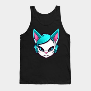 Cartoon Cat with Headphones Tank Top